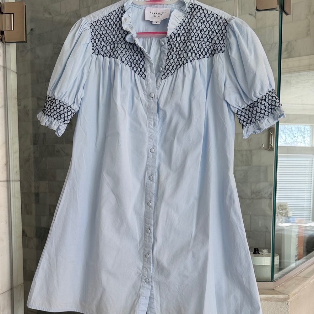 Light Blue Button-Up Dress with Patterned Accents